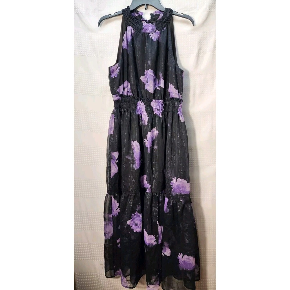 Simply Vera Wang Maxi Halter Dress Womens Med Purple Black Floral Layered 1676